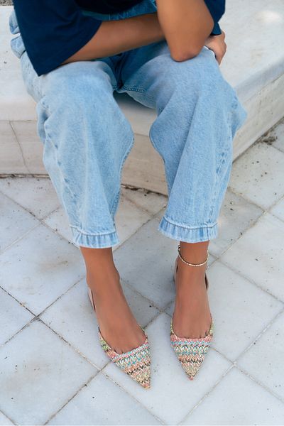 NİŞANTAŞI SHOES Elvira Bunte Damen-Ballerinas mit geflochtener Rückseite und elastischem, spitzem Zehenbereich