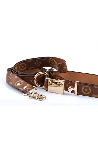 Pawsim طقم طوق كلب وحزام مشي بلون أسمر، طوق كلب قابل للتعديل، مقود بنمط زهور