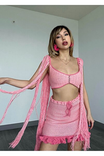 Lovinnes Pembe Handmade Tığ İşi Örgü Özel Tasarım Etek Bustiyer Razaki İkili ...