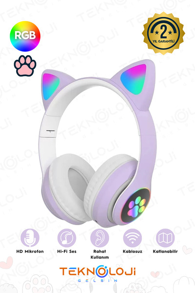 Teknoloji Gelsin Lila Bluetooth 5.0 Mikrofonlu Kablosuz Yüksek Ses Akıllı Led Işıklı Kedi Patili Rgb Mor Kulaklık