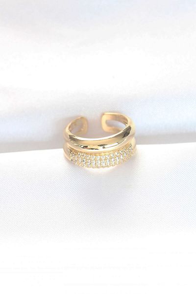 Moka Shopin Zircon Stone Gold Colored 2-Piece Looking Curved Ring - Adjustable