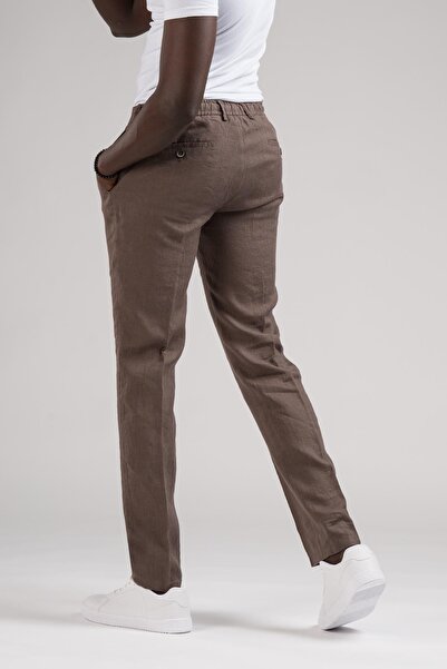 Ecer Slimfit Beli Lastikli Ve Iplikli %100 Linen Ham Keten Jogger Pantolon