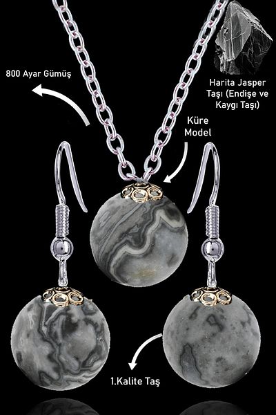 Tesbih Atölyesi Map Jasper Globe Model Necklace and Earring Set - Silver Apparatus, Certified