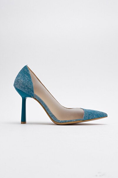 Gate29 Naomi Şeffaf Dekolteli Stiletto Topuklu Ayakkabı-kot Mavi