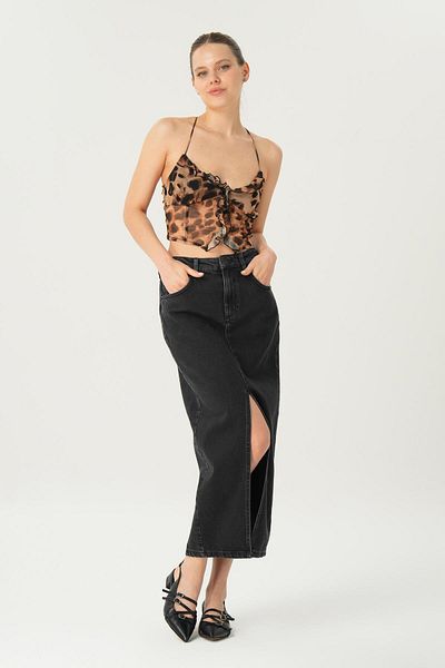 CROSS JEANS Anthracite Maxi Jean Skirt - Normal Waist, Zipper and Slit C 4532-049
