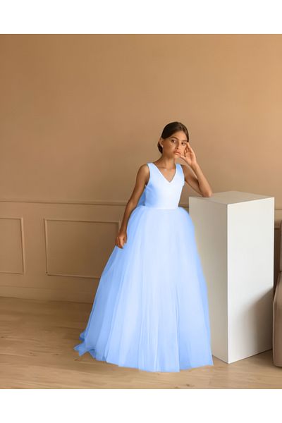 nsmkidslife Κοριτσίστικο Baby Blue V λαιμόκοψη Μοντέλο Νυφικό Μακρύ Σχέδιο Βραδινό Φόρεμα Φόρεμα αποφοίτησης
