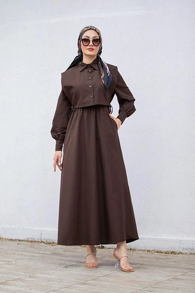 Swana Hijab Clothing Women's Double Dress with Pocket Detail, Brown