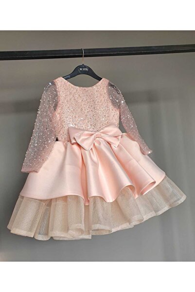 SCSTİL BONCUKLU GRENLİ UZUN KOL PUDRA ELBİSE