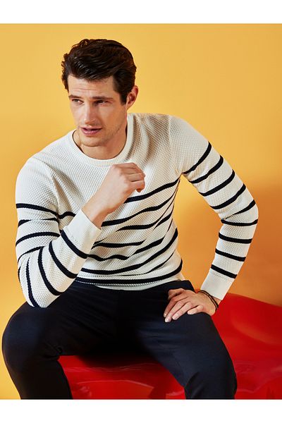 LC Waikiki Gestreifter Strickpullover für Herren – Rundhalsausschnitt, lange Ärmel