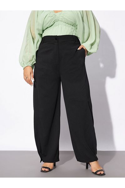 Sassafras By Styli Plus Hem Button Detail Straight Pants