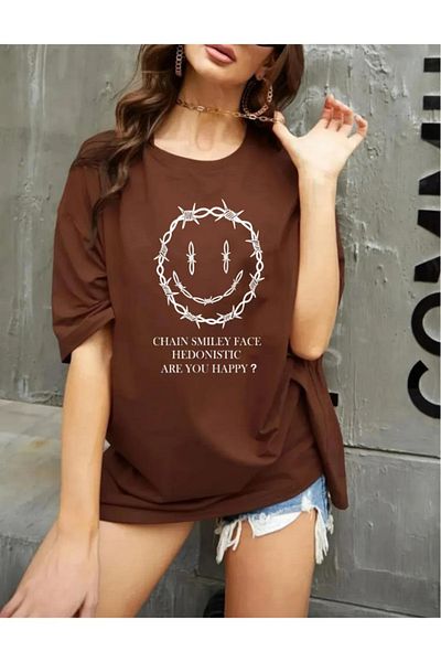 Evomind 1 μπλουζάκι για αγορές 5 και άνω στο καλάθι - Unisex μπλουζάκι με αγκαθωτό χαμογελαστό πρόσωπο με στάμπα oversize