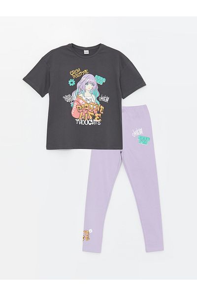 LC Waikiki Kids Gray Crew Neck Printed Short Sleeve Girls T-Shirt and Leggings