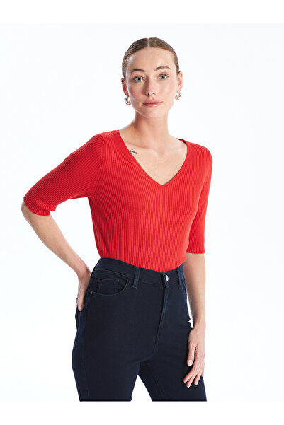 LC Waikiki Women's Knitwear Sweater - V-Neck, Solid Cut, Short Sleeve