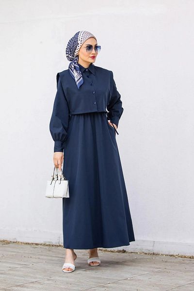 Swana Navy Blue Hijab Clothing Double Dress with Pocket Detail