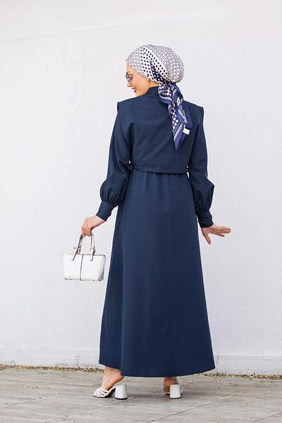 Swana Navy Blue Hijab Clothing Double Dress with Pocket Detail