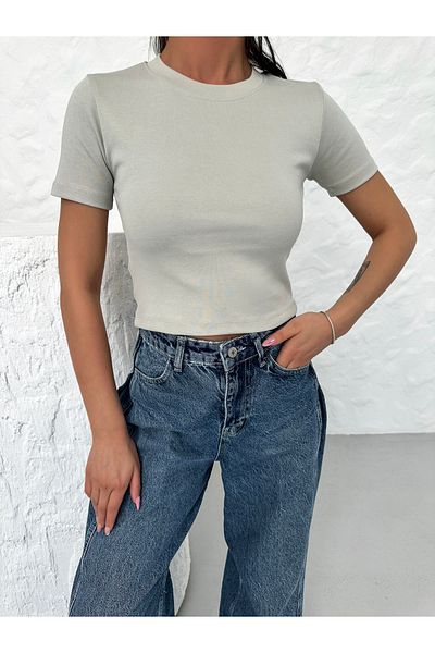 SHAWY Gray Crew Neck Crop Blouse - 100% Cotton Women