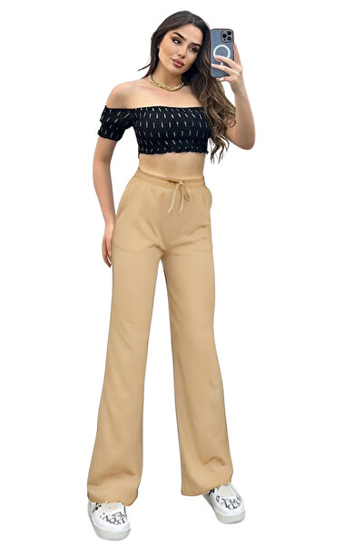 BayBayan Visok struk i Elastične Ženske Palazzo pantalone - Bürümcük Teksturi...