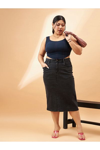 Sassafras By Styli Plus High Rise Denim Skirt with Belt Loops