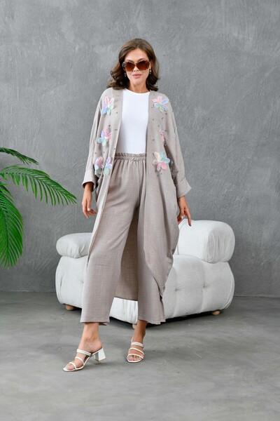 Miss Allos طقم كيمونو وبنطلون نسائي من الكتان مع تطريز زهور التول وتفاصيل الأ...