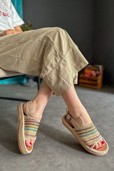 SHOEBELLAS Merin Bej Hasır Biyeli Kadın Sandalet