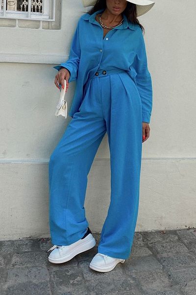 Suzi butik Blue Linen Textured Palazzo Trousers and Shirt Set - Women