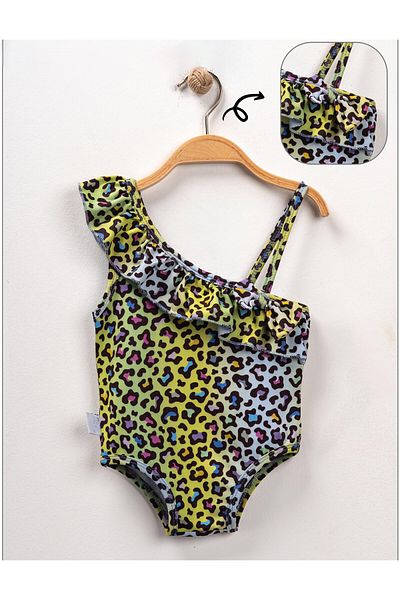 BUUFUU Patterned and Printed Girl's Swimsuit - With Straps and Bow