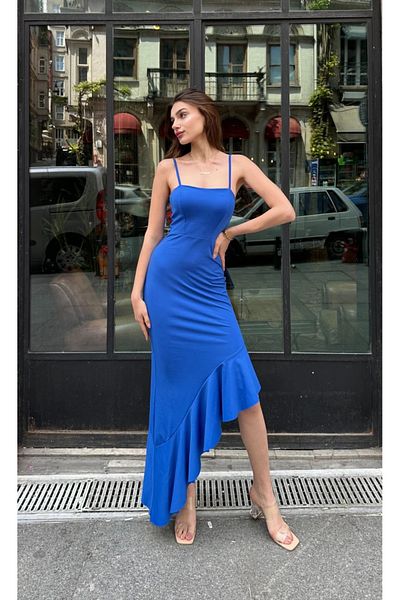Fav Style Rochie lungă de damă Saks Blue Thin Rope Strap cu croială asimetrică