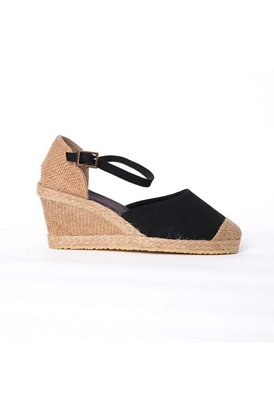 Star Tombis Black Linen Espadrille - Wedge Heel, Ankle Strap, Handmade