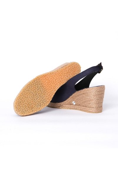 Star Tombis Genuine Handmade Open Toe Back Strap Platform Heel Navy Wedge Heel Linen Espadrilles