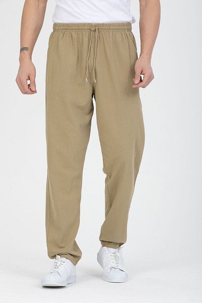 LECH STORE Men's Thin Summer Earth Color Linen Raw Trousers with Elastic Waist