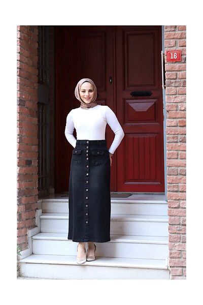 VELLICHOR Fusta din denim cu buzunare cu burduf cu nasturi - neagra