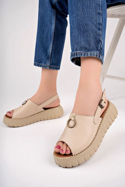 Deripabuc Beige Genuine Leather Women's Sandals - DP-3005