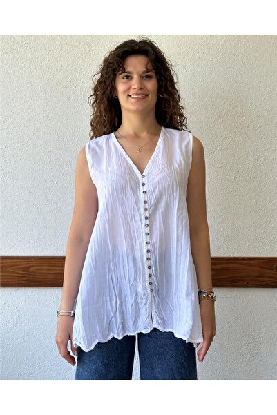 ByEnBi قميص أبيض من القطن بدون أكمام