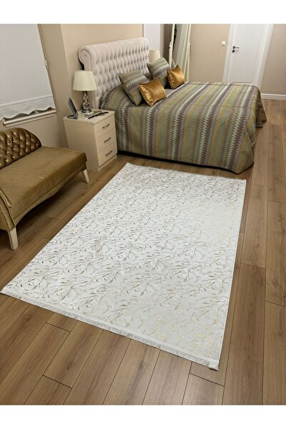 YTR HOME Bambu Yıkanabilir Kaymaz Oturma Odası Salon Mutfak Halısı Beyaz Gold Simli Bambu Halı