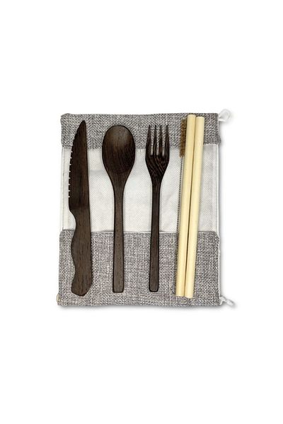 Coconut Products Wooden Ebony Fork, Knife, Spoon and 2-Piece Bamboo Straw Set
