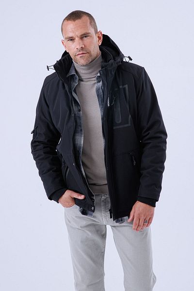 Gavazzi Ανδρικό φουσκωτό μαύρο παλτό Softshell με κουκούλα, ανθεκτικό στο νερό και τον αέρα