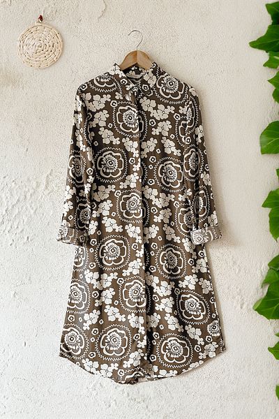 MODAQU Ethnic Patterned Brown Viscose Tunic