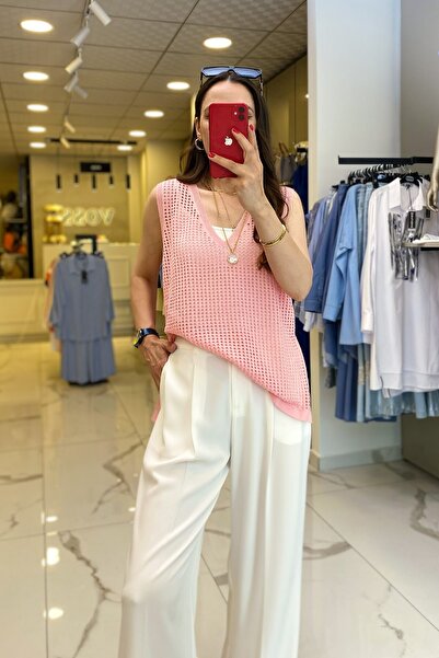 Vosse On Fashıon Pembe Fileli V Yaka Yanları Fermuarlı Süveter