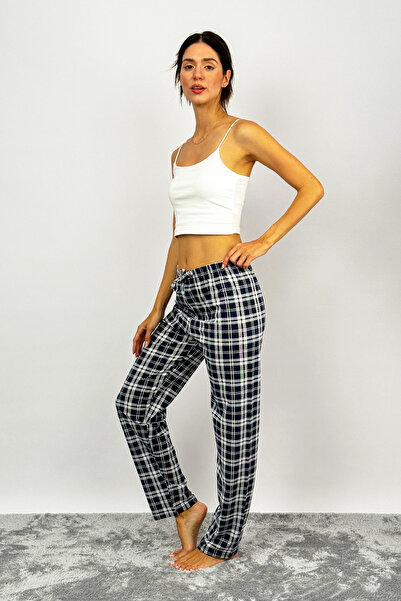 Betimoda Pantaloni de sport de damă, din bumbac, în carouri, cu modele de pijama, Pătrat alb-negru cu panglică