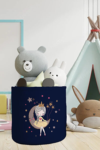 Talia Home منظم غرفة بناتي منقوش باللون الكحلي - لعبة وسلة متسخة للأطفال والر...