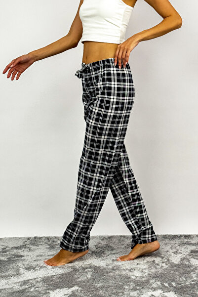 Betimoda Pantaloni de sport de damă, din bumbac, în carouri, cu modele de pijama, Pătrat alb-negru cu panglică