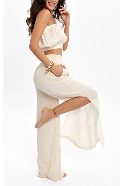 Pupa Yırtmaçlı Kadın Müslin Palazzo Pantolon