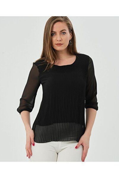 ZY BUTİK بلوزة شيفون سوداء أنيقة بأكمام ثلاثة أرباع