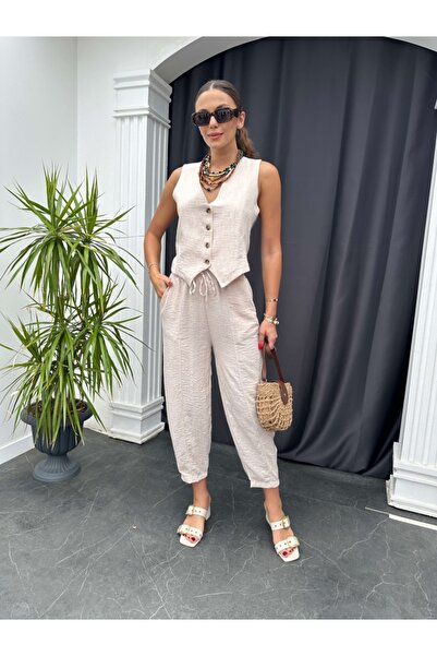 Beige Vest Linen Set