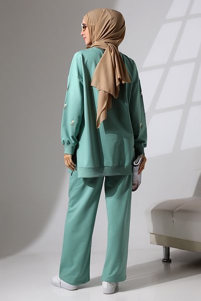 Mihran Butik Mint Green Γυναικείο αθλητικό και άνετο κοστούμι Hijab - Εποχιακό χτενισμένο βαμβακερό πάτο και επάνω σετ