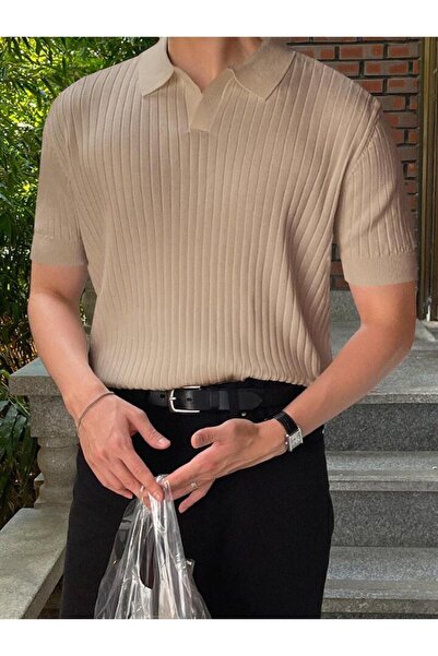 Buteks 100% pletena muška bež klasična ležerna majica sa vertikalnim prugama,...