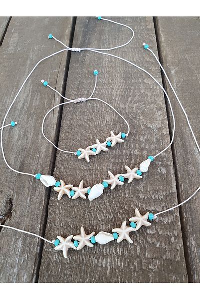 özde dekor 4-Piece Gorgeous Jewelry Set - Sea Shell, Star and Mint Beads (NECKLACE, BRACELET, ANKLE, EARRING)