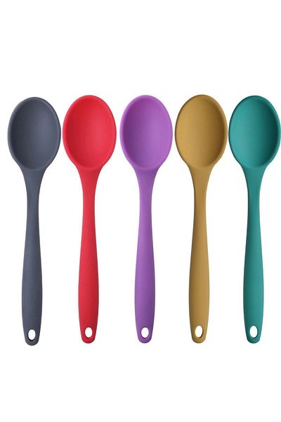 Kitchen Design Lab Large Size Fireproof Non-Stick Silicone Spoon Set 5 Pieces – Silicone Spoon Anthracite Red Purple Yellow Green