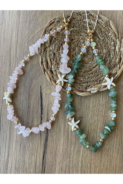 Stoneday Pink Quartz Natural Stoned Pink Crystal Detailed Star Gold Detailed Phone Strap Charm Accessory Rope