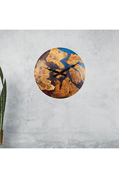 Wood Stone Art Duvar Saati Ahşap Zeytin Ağacı Çift Renkli Mavi & Kırmızı Epok...